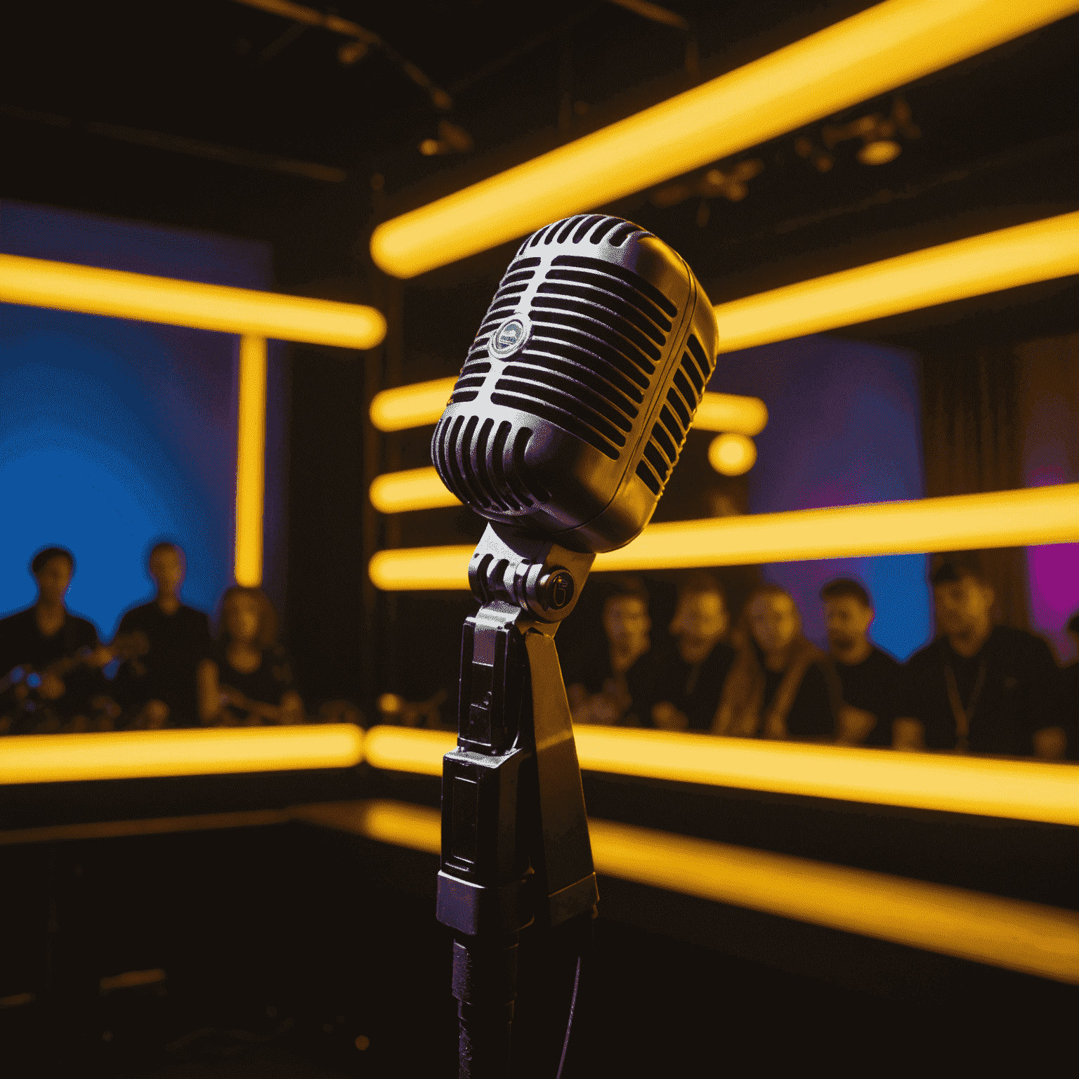 A microphone on a stage with bright neon yellow lights, symbolizing a surprise album drop event