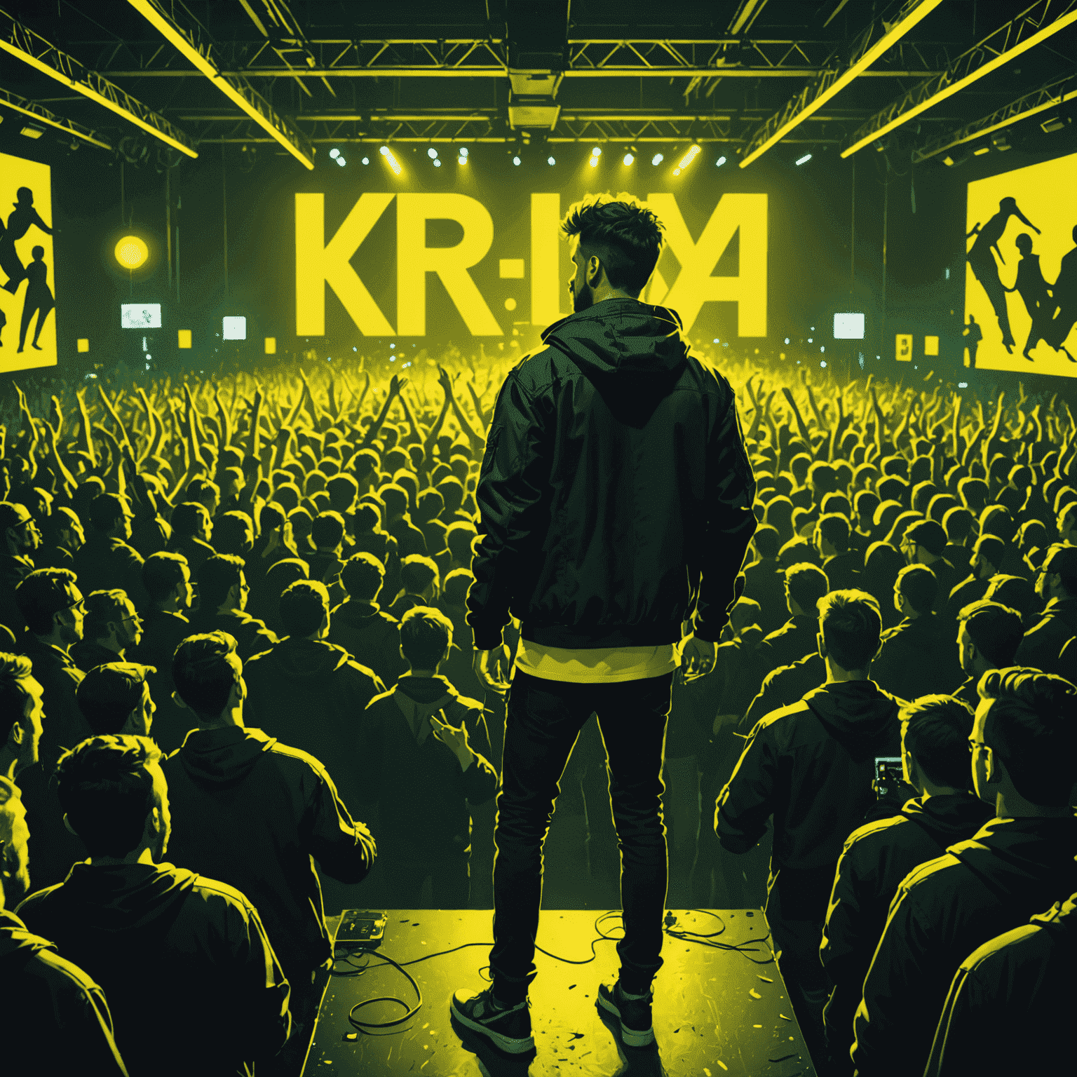 Krita performing on stage with neon yellow lights and a large crowd in the foreground