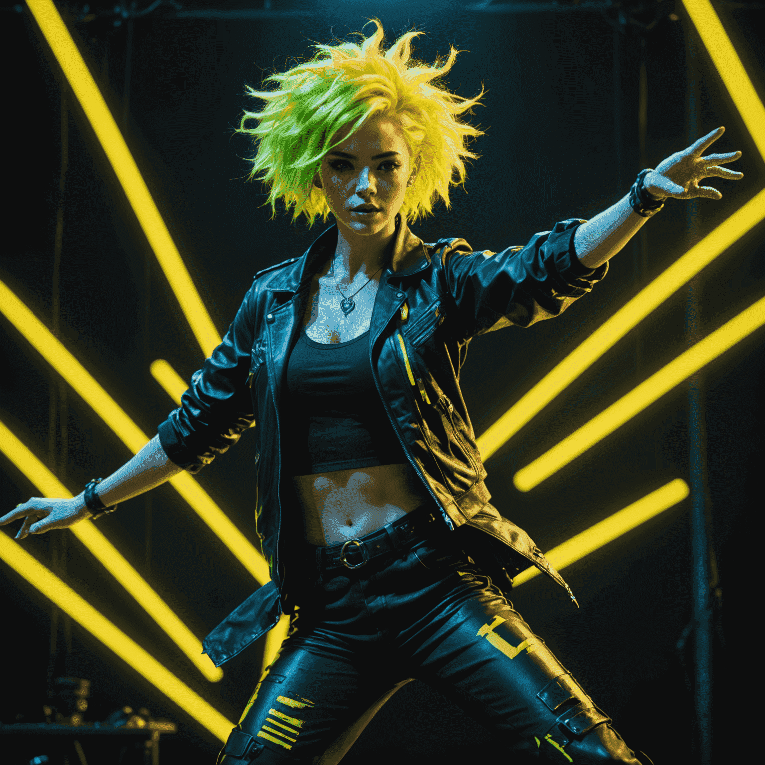 Krita, a young artist with vibrant neon yellow hair, performing energetically on a dimly lit stage with a digital painting backdrop