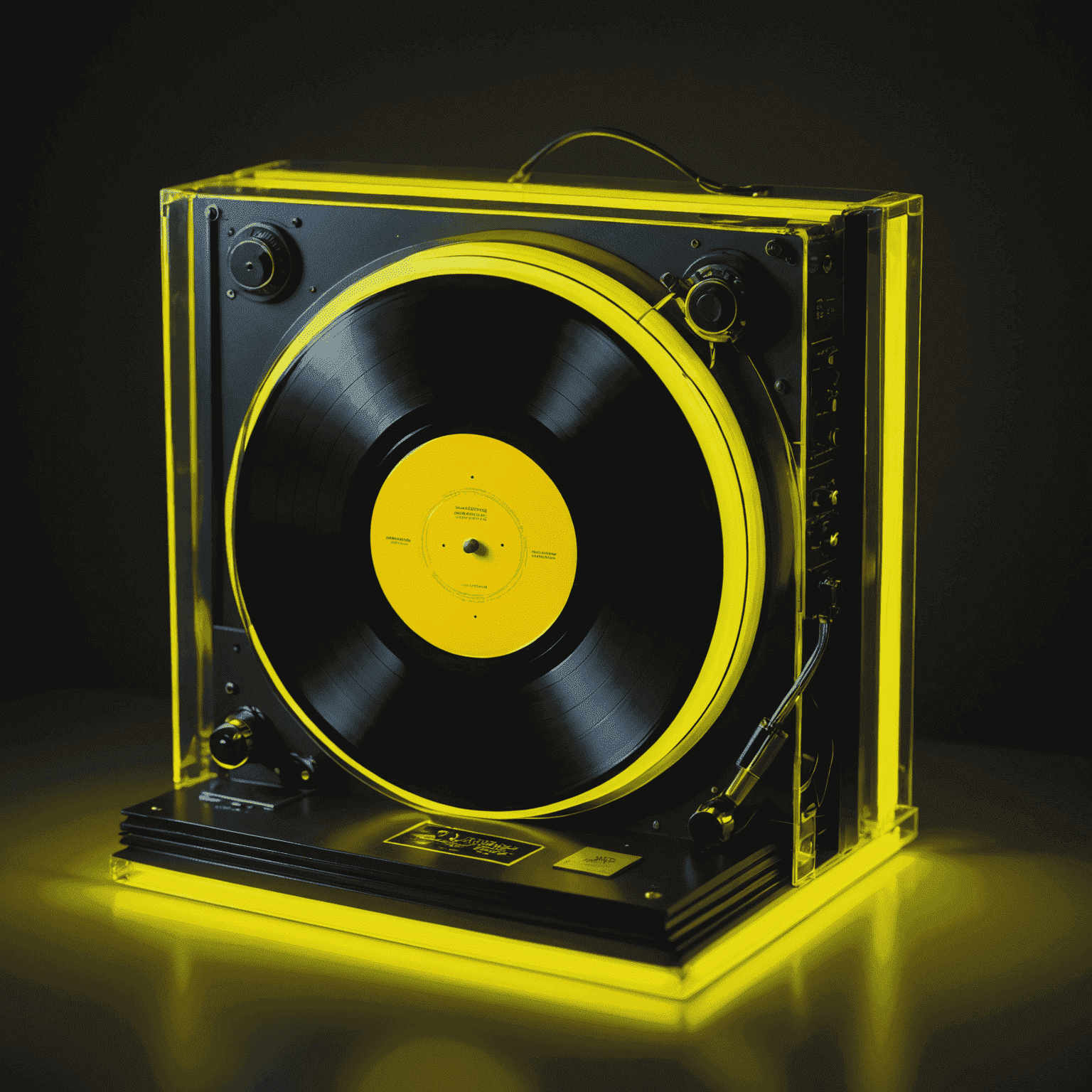 A stack of vinyl records with neon yellow light illuminating their edges, symbolizing album reviews