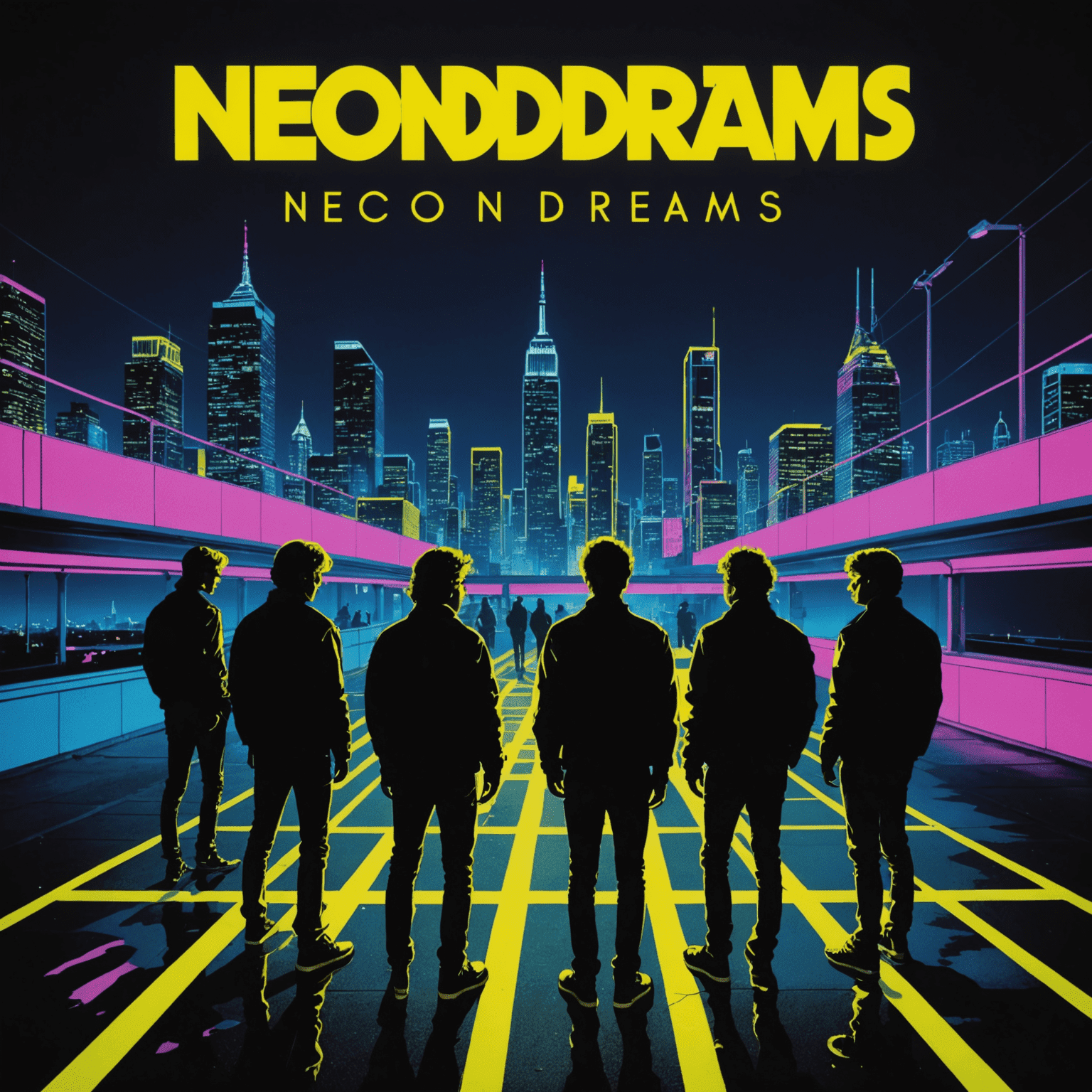 Album cover of 'Neon Dreams' by The Synth Waves featuring a cityscape bathed in neon yellow light with silhouettes of the band members in the foreground