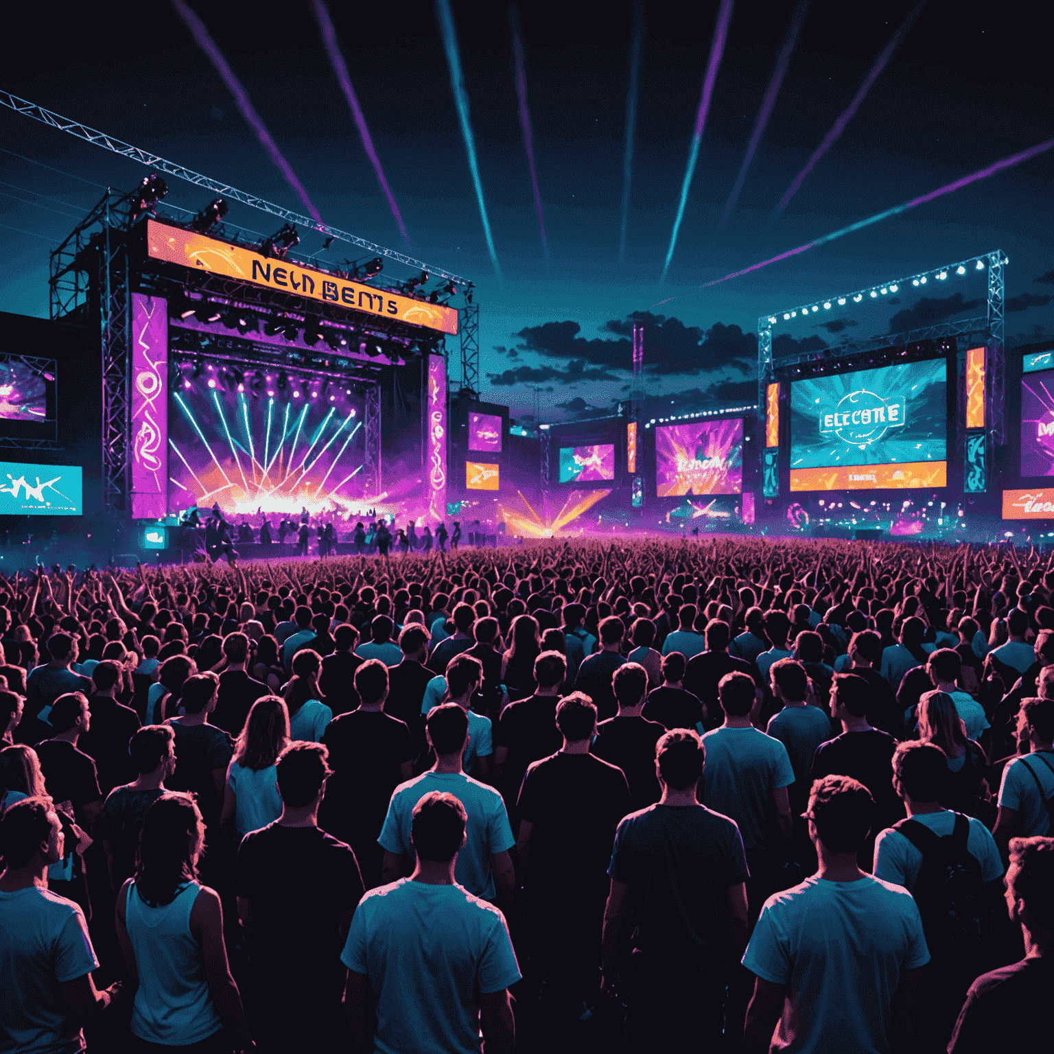 A vibrant night scene of a music festival with neon lights, a large stage, and a sea of excited concertgoers. The image captures the electric atmosphere of the Neon Beats Festival.