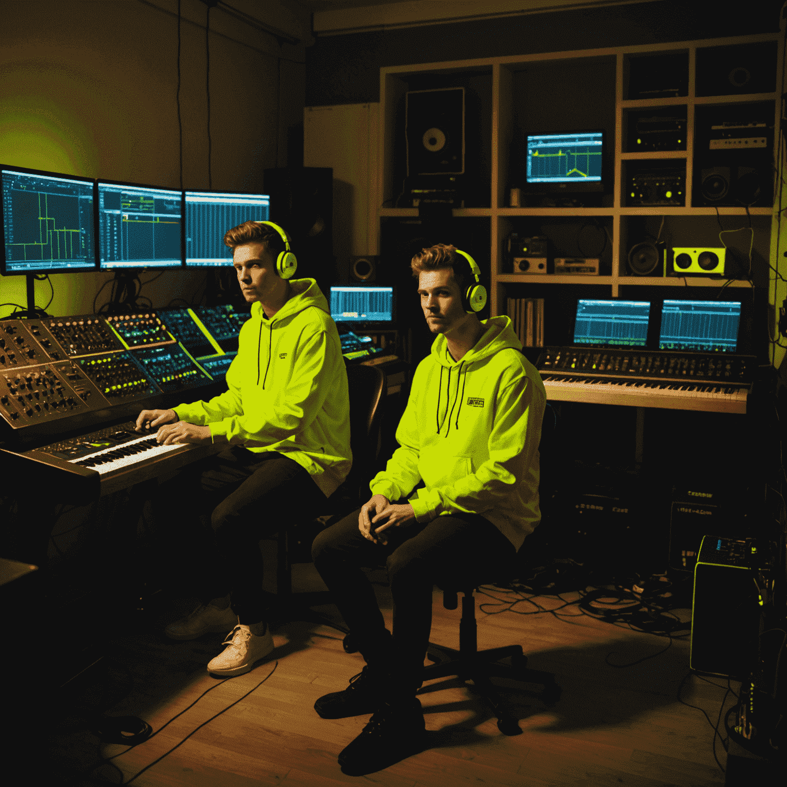 The Neon Beats, an electronic music duo, sitting in a dimly lit studio with neon yellow accents, surrounded by synthesizers and music production equipment