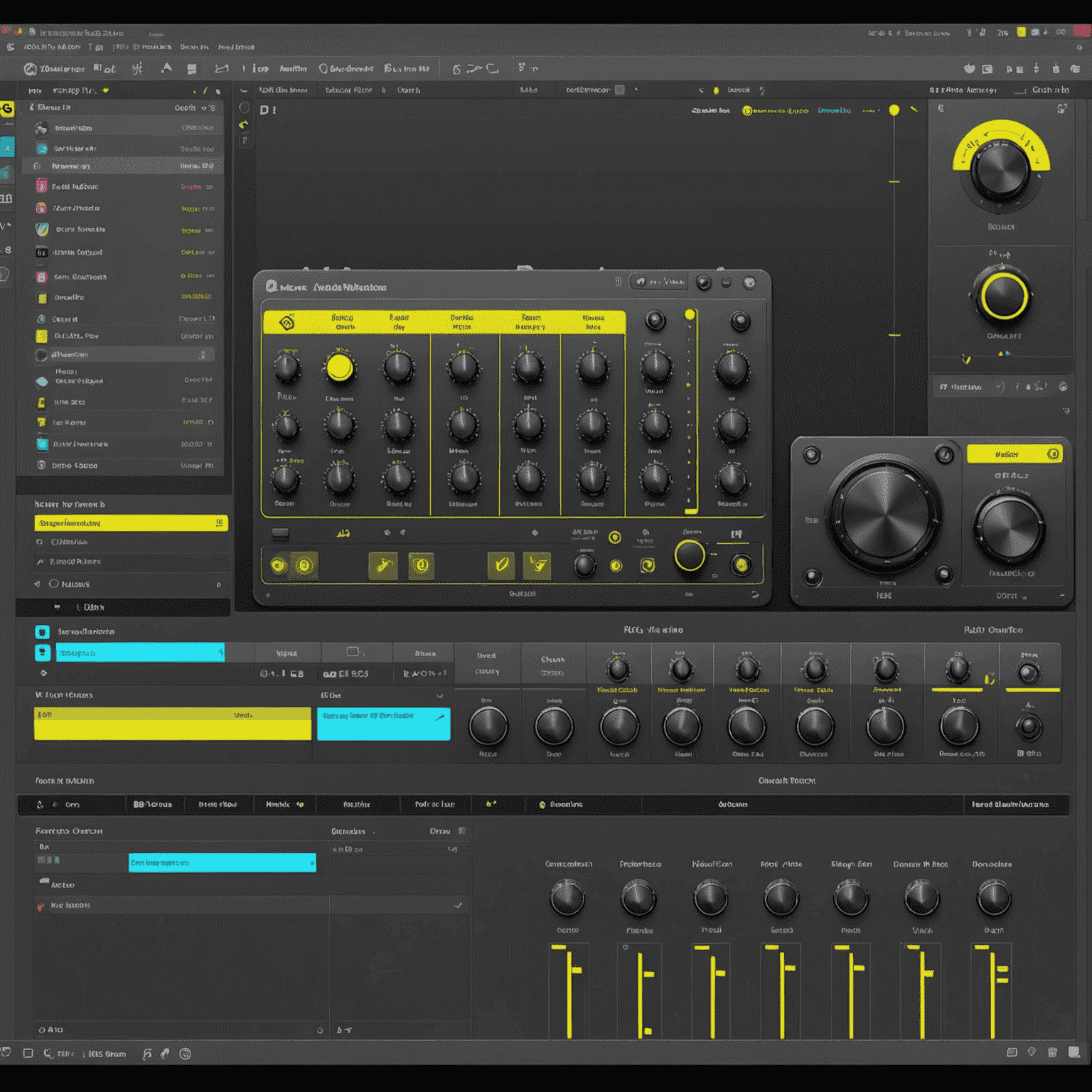 A screenshot of Krita's new music creation interface, showing a digital audio workstation with neon yellow highlights and various music production tools