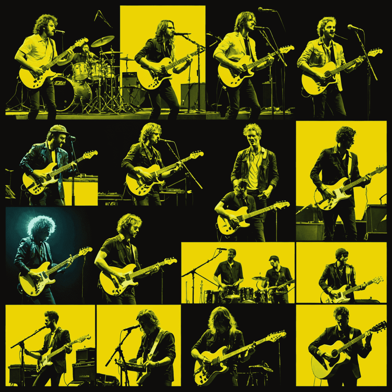 A collage of concert images with neon yellow accents, representing various live music performances