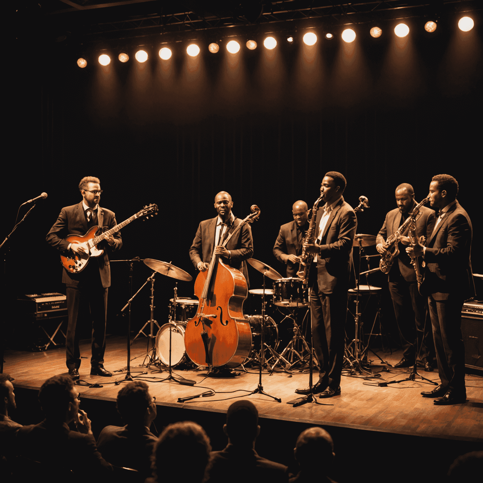 Jazz Fusion Ensemble performing on stage with dim lighting and intimate crowd setting