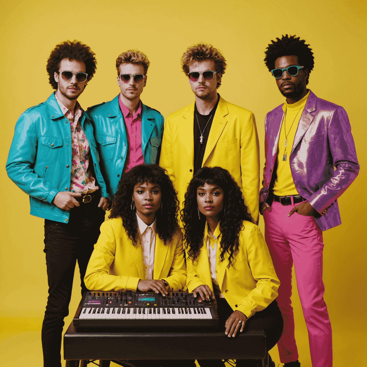 The Neon Collective, a four-piece band dressed in vibrant 80s-inspired outfits, posing with vintage synthesizers against a neon yellow backdrop