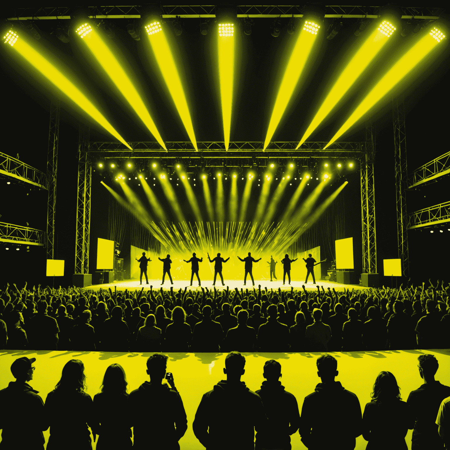 A concert stage with neon yellow spotlights and a silhouette of a cheering crowd