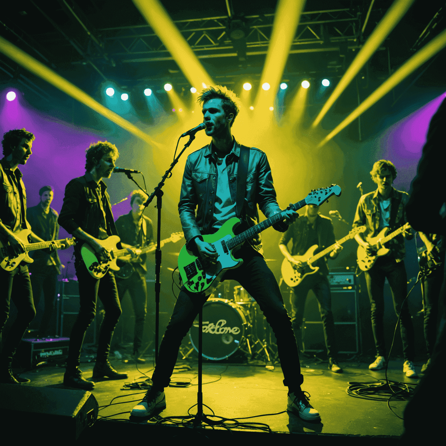 Indie rock band Electric Glow performing on stage, bathed in neon yellow lights, with energetic crowd in the foreground