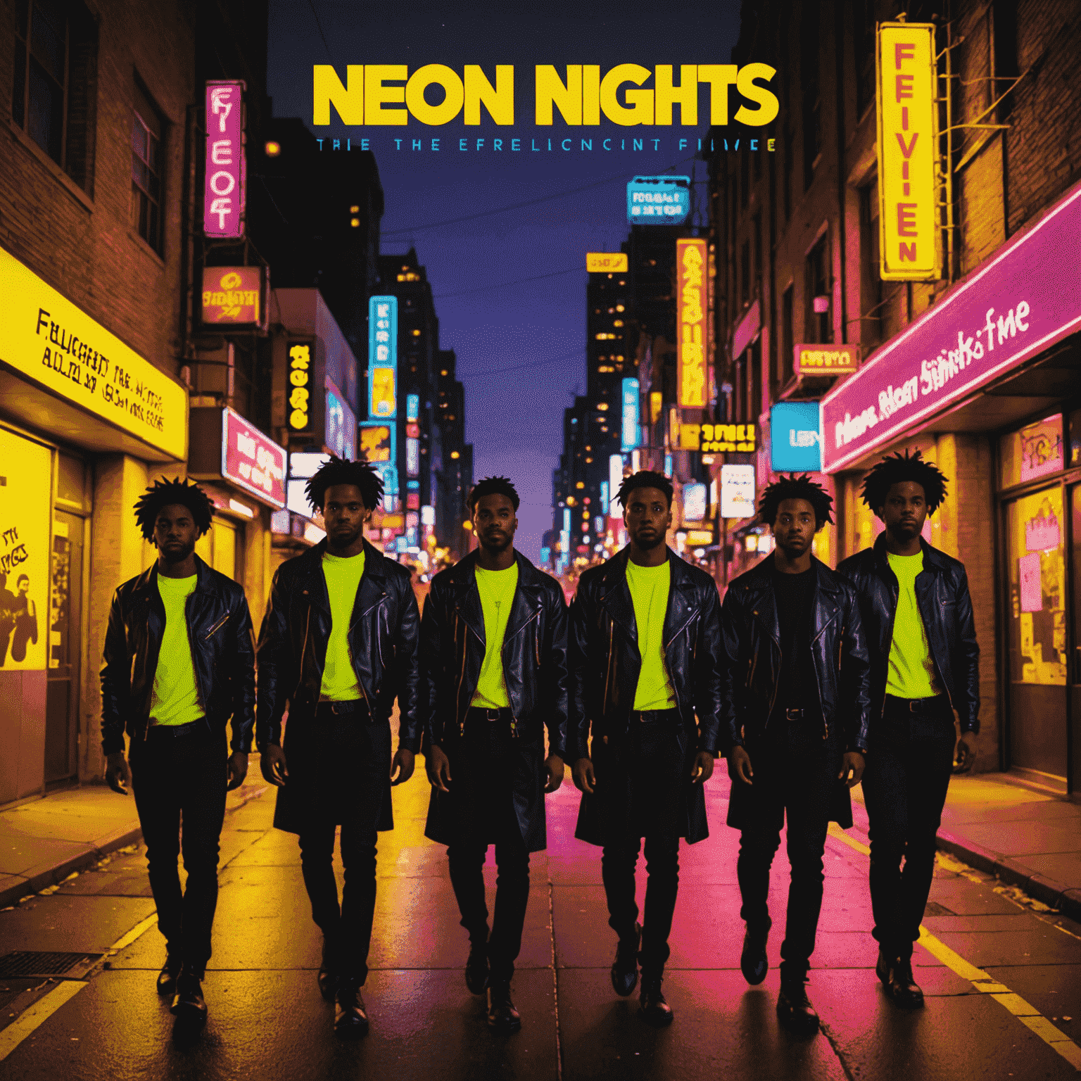 Album cover of 'Neon Nights' by The Fluorescent Five, featuring five silhouetted figures against a backdrop of vibrant neon yellow city lights