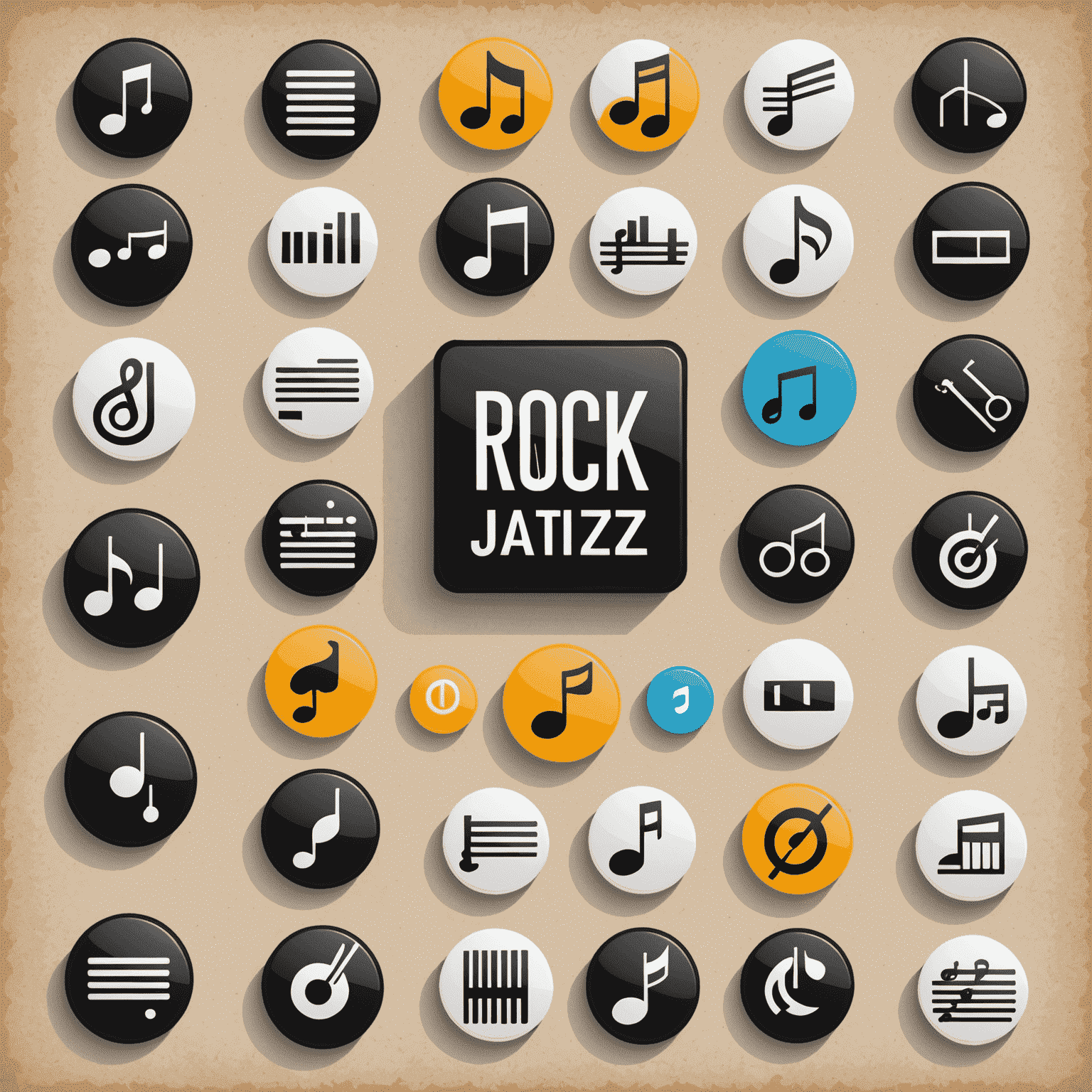 Music notes and icons representing various music genres: rock, jazz, electronic, classical