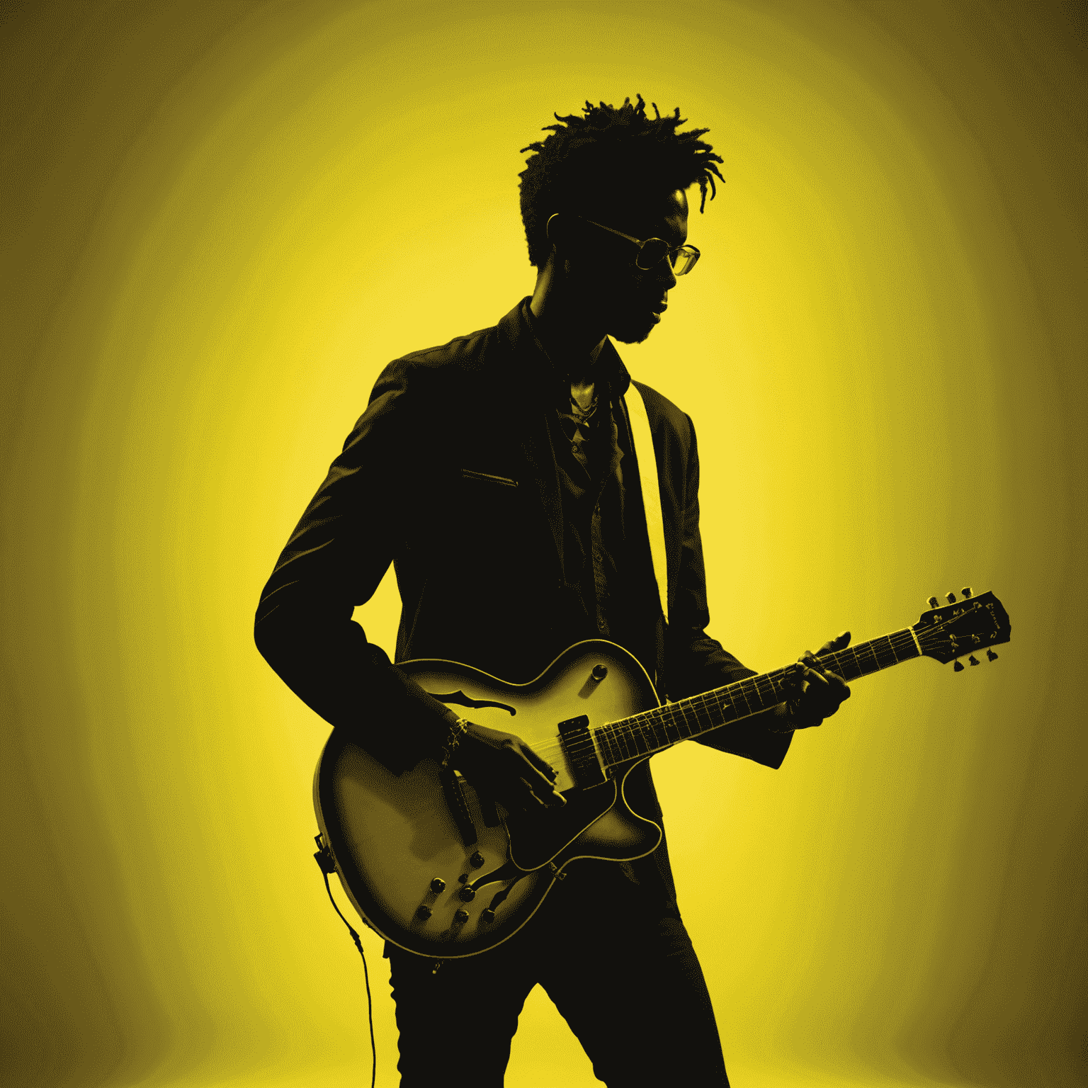 A silhouette of a musician with a guitar against a neon yellow background, symbolizing emerging artists