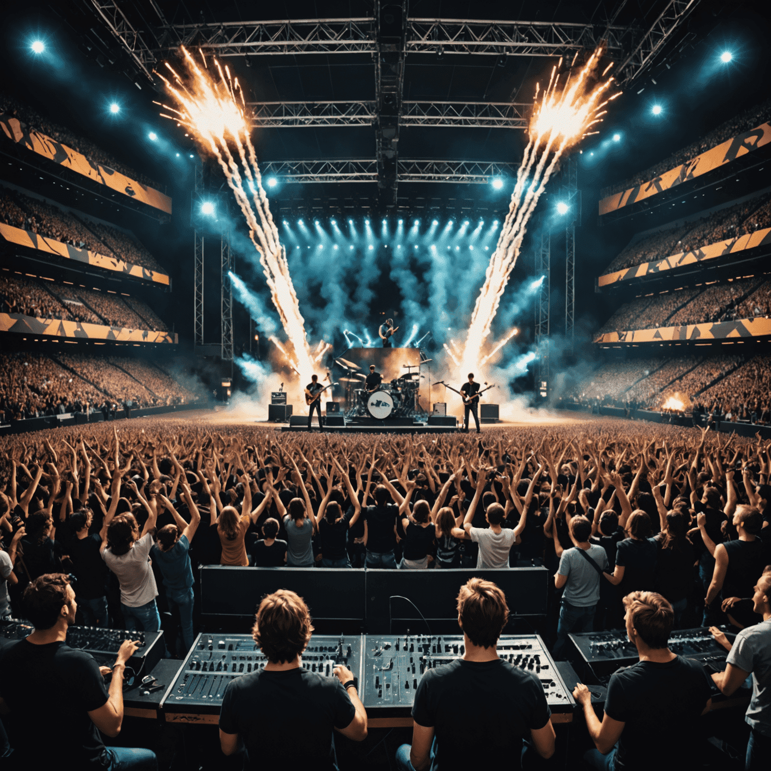 Rock band performing on a massive stage with pyrotechnics and a sea of fans