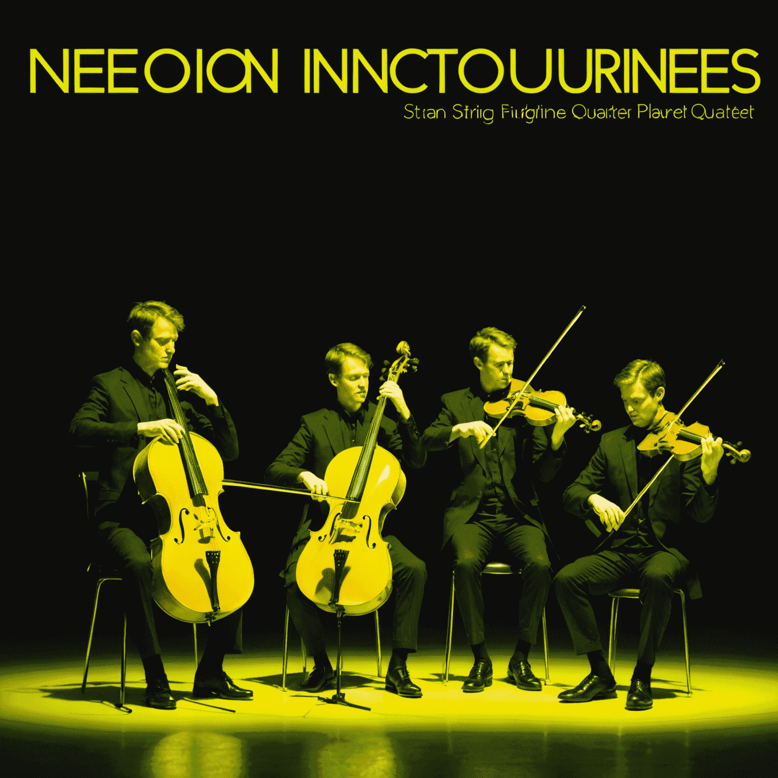 Album cover of 'Neon Nocturnes' by Elektra String Quartet showing four silhouetted string players with their instruments glowing in neon yellow