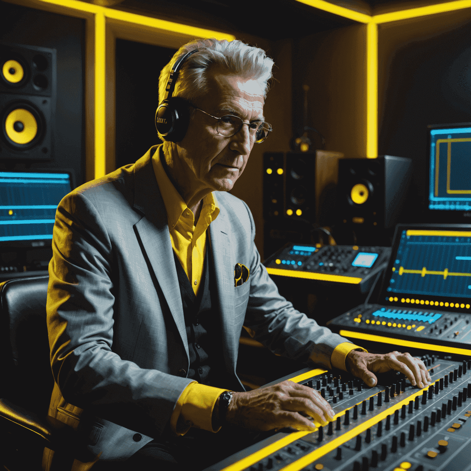 Dr. Soundwave, an older gentleman with silver hair, sitting at a large mixing console in a professional recording studio with neon yellow accent lighting