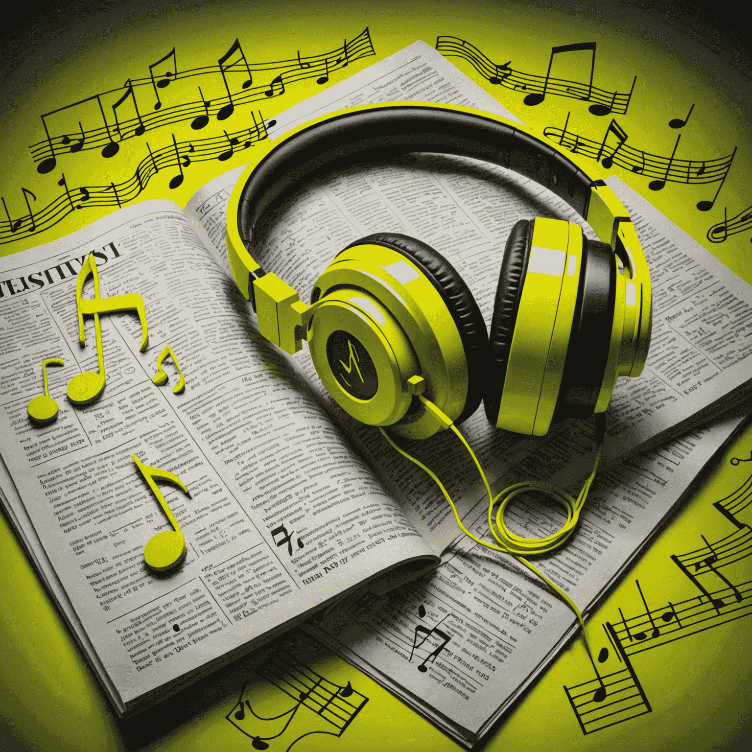 A neon yellow newspaper with musical notes and headphones, symbolizing music news